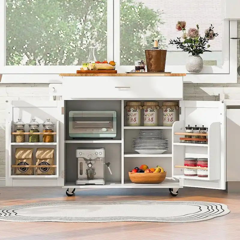Desserte de cuisine moderne en bois d'hévéa avec tiroirs de rangement et porte-serviettes, Gris/Blanc