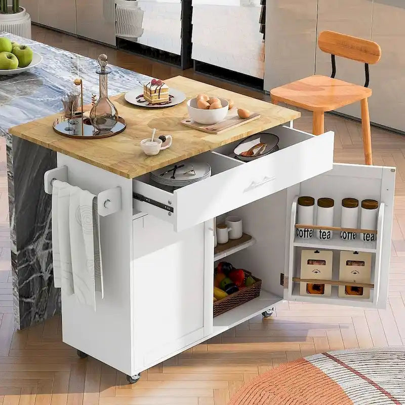 Desserte de cuisine moderne en bois d'hévéa avec tiroirs de rangement et porte-serviettes, Gris/Blanc