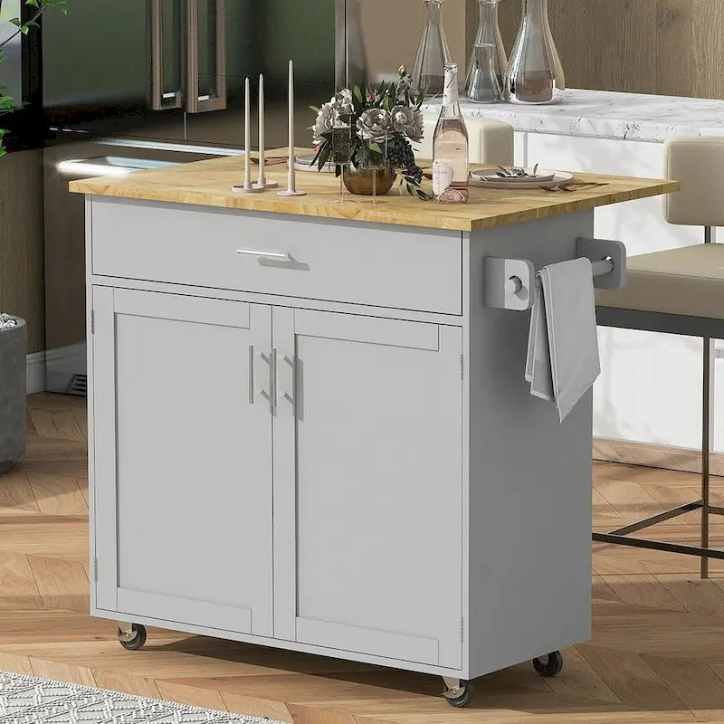 Desserte de cuisine moderne en bois d'hévéa avec tiroirs de rangement et porte-serviettes, Gris/Blanc