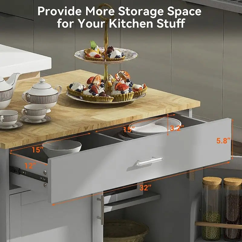Desserte de cuisine moderne en bois d'hévéa avec tiroirs de rangement et porte-serviettes, Gris/Blanc