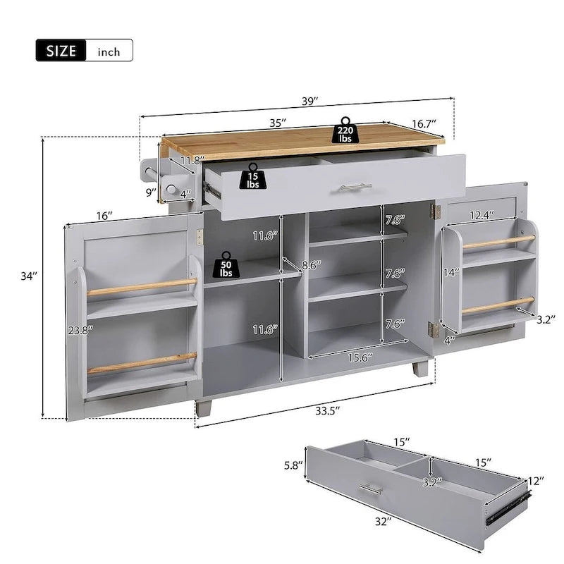 Desserte de cuisine moderne en bois d'hévéa avec tiroirs de rangement et porte-serviettes, Gris/Blanc