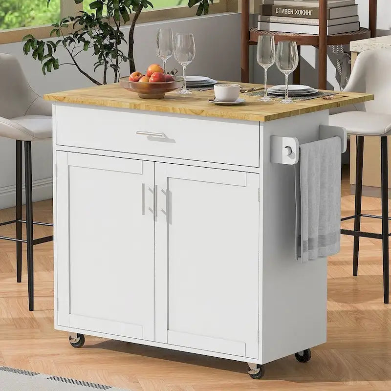 Desserte de cuisine moderne en bois d'hévéa avec tiroirs de rangement et porte-serviettes, Gris/Blanc
