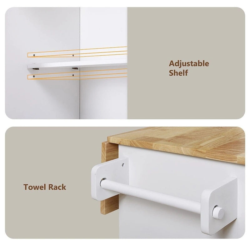 Desserte de cuisine moderne en bois d'hévéa avec tiroirs de rangement et porte-serviettes, Gris/Blanc