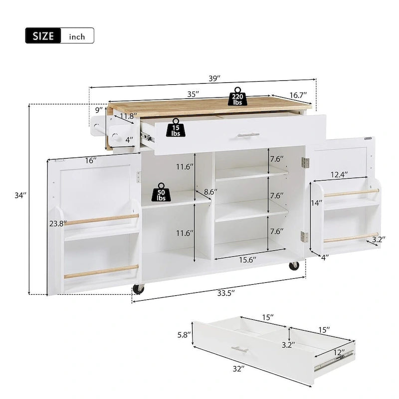 Desserte de cuisine moderne en bois d'hévéa avec tiroirs de rangement et porte-serviettes, Gris/Blanc