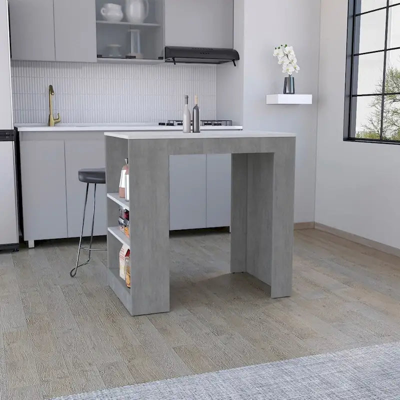Ilot de cuisine avec étagères latérales, plateau en marbre blanc et gris béton