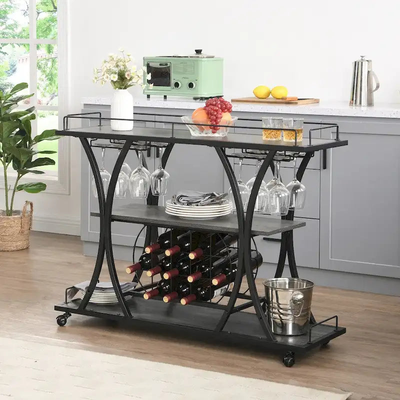 Desserte de bar à roulettes à 3 niveaux en métal noir et gris, avec porte-bouteilles et porte-verres