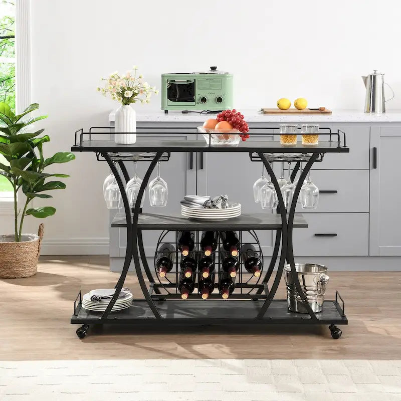 Desserte de bar à roulettes à 3 niveaux en métal noir et gris, avec porte-bouteilles et porte-verres