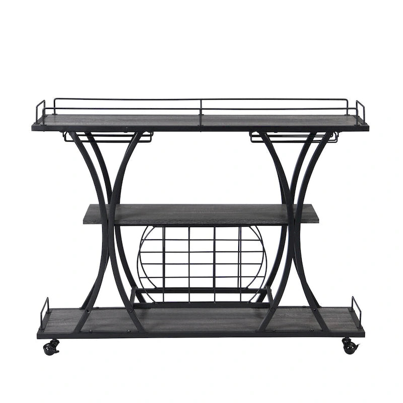Desserte de bar à roulettes à 3 niveaux en métal noir et gris, avec porte-bouteilles et porte-verres