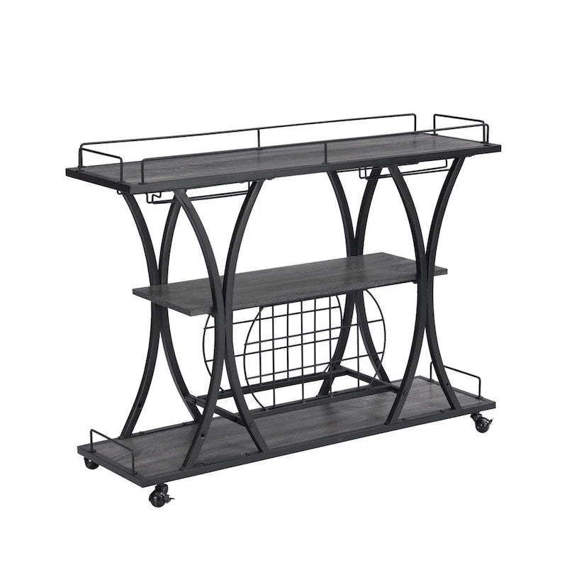 Desserte de bar à roulettes à 3 niveaux en métal noir et gris, avec porte-bouteilles et porte-verres