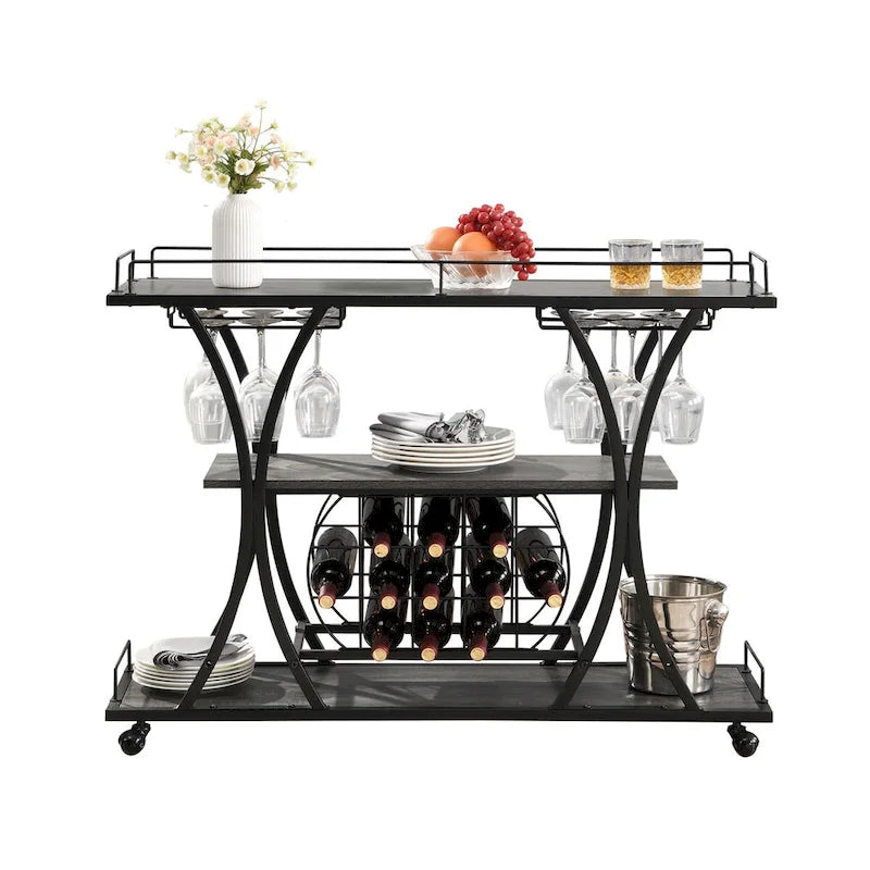Desserte de bar à roulettes à 3 niveaux en métal noir et gris, avec porte-bouteilles et porte-verres