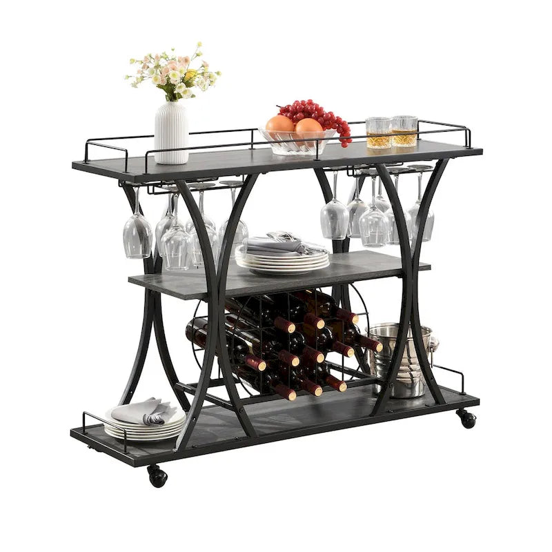 Desserte de bar à roulettes à 3 niveaux en métal noir et gris, avec porte-bouteilles et porte-verres