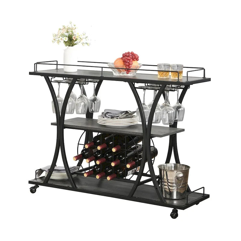 Desserte de bar à roulettes à 3 niveaux en métal noir et gris, avec porte-bouteilles et porte-verres