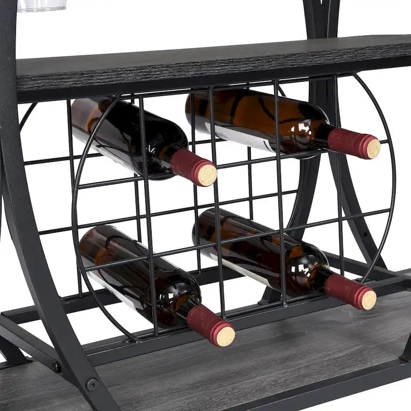 Desserte de bar à roulettes à 3 niveaux en métal noir et gris, avec porte-bouteilles et porte-verres