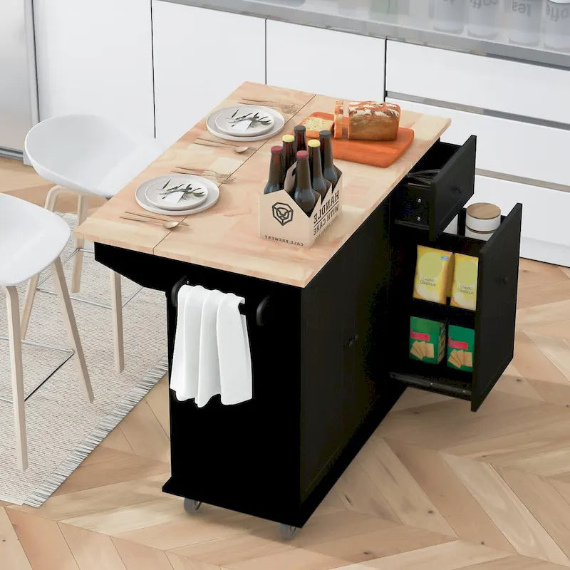 Desserte îlot de cuisine roulante avec plateau en bois rabattable et roulettes, noire