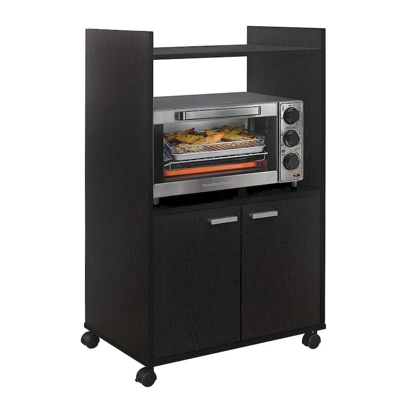 Chariot de cuisine micro-ondes en bois noir avec armoire à 2 portes et étagères ouvertes