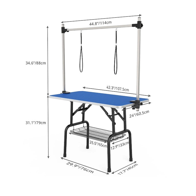 Table de toilettage pliable pour chiens avec bras réglable et surface antidérapante bleue