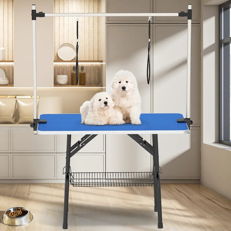 Table de toilettage pliable pour chiens avec bras réglable et surface antidérapante bleue