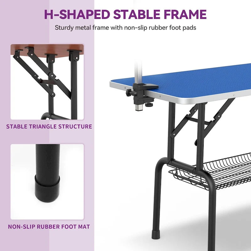 Table de toilettage pliable pour chiens avec bras réglable et surface antidérapante bleue