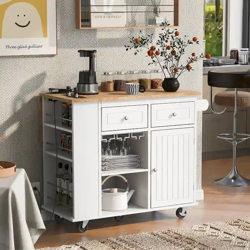 Desserte de cuisine roulante avec plateau rabattable, casier à vin et prise électrique