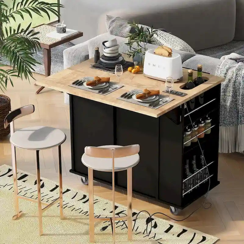 Desserte de cuisine roulante avec plateau rabattable, casier à vin et prise électrique