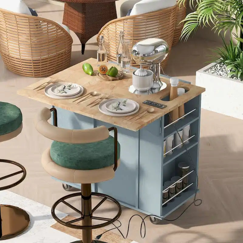 Desserte de cuisine roulante avec plateau rabattable, casier à vin et prise électrique
