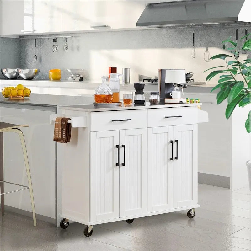 Desserte de cuisine roulante avec plateau en acier inoxydable, blanc
