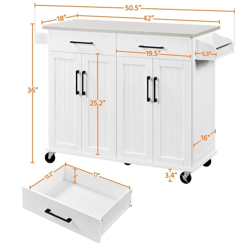 Desserte de cuisine roulante avec plateau en acier inoxydable, blanc