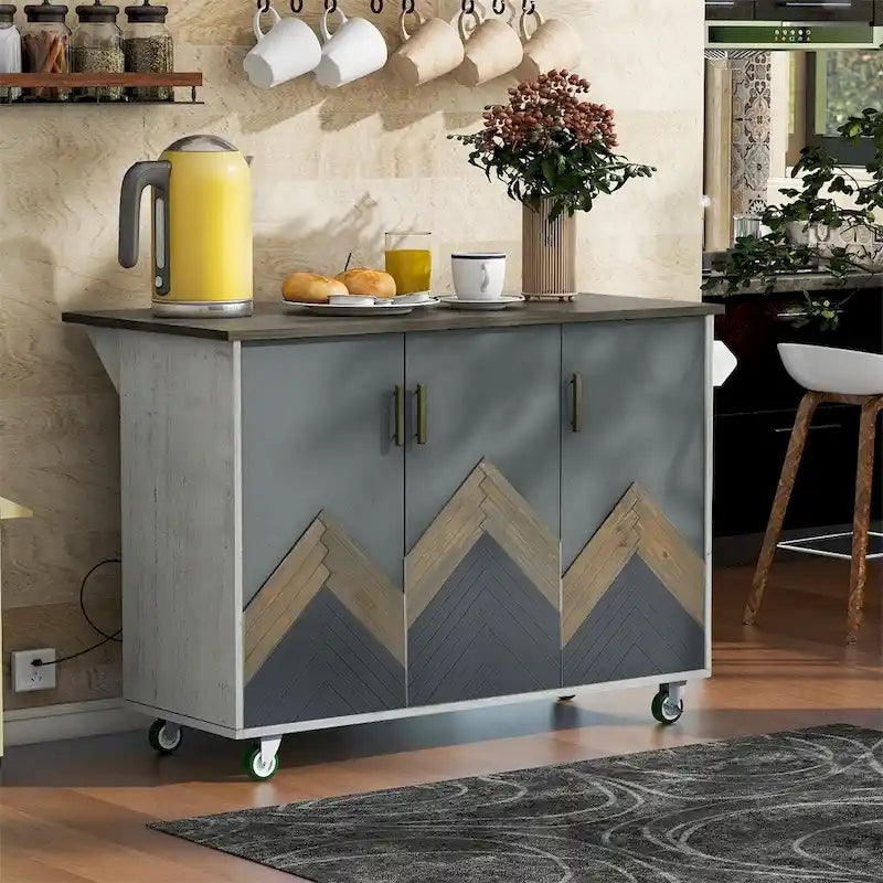 Îlot de cuisine roulant avec abattant, portes d'armoire Mountain Peak, gris-blanc