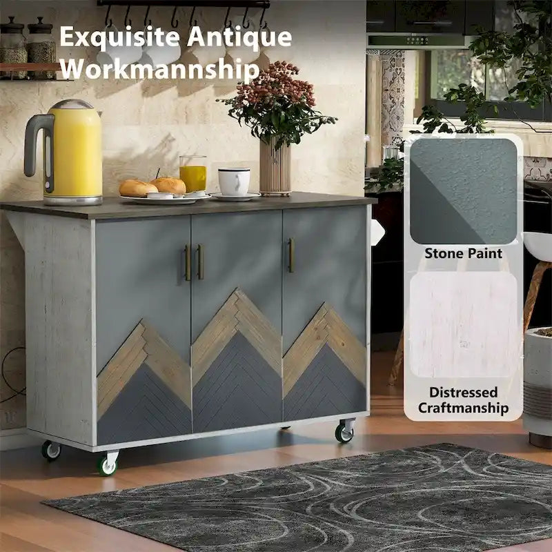 Îlot de cuisine roulant avec abattant, portes d'armoire Mountain Peak, gris-blanc