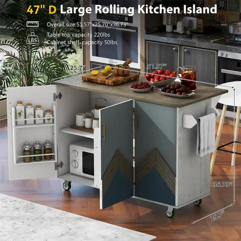 Îlot de cuisine roulant avec abattant, portes d'armoire Mountain Peak, gris-blanc