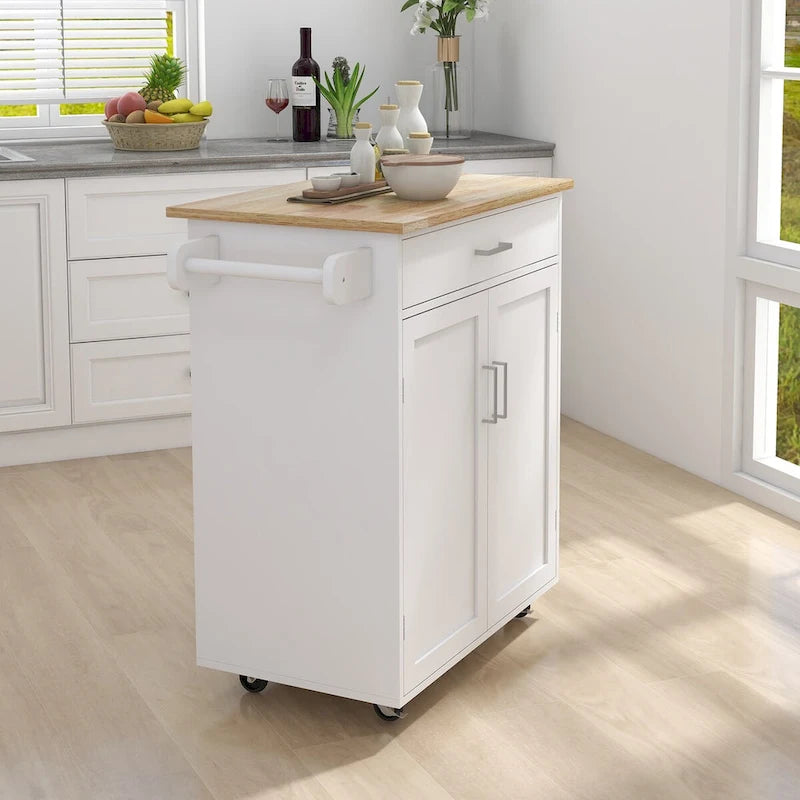 Desserte de cuisine blanche à roulettes avec plateau en bois d'hévéa, tiroir et meuble à double porte