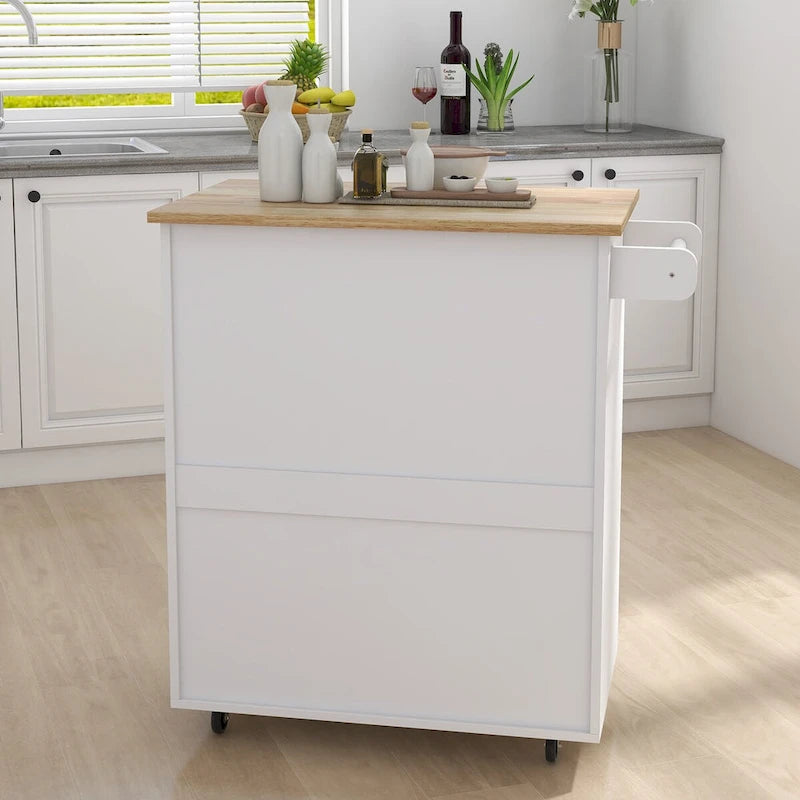 Desserte de cuisine blanche à roulettes avec plateau en bois d'hévéa, tiroir et meuble à double porte