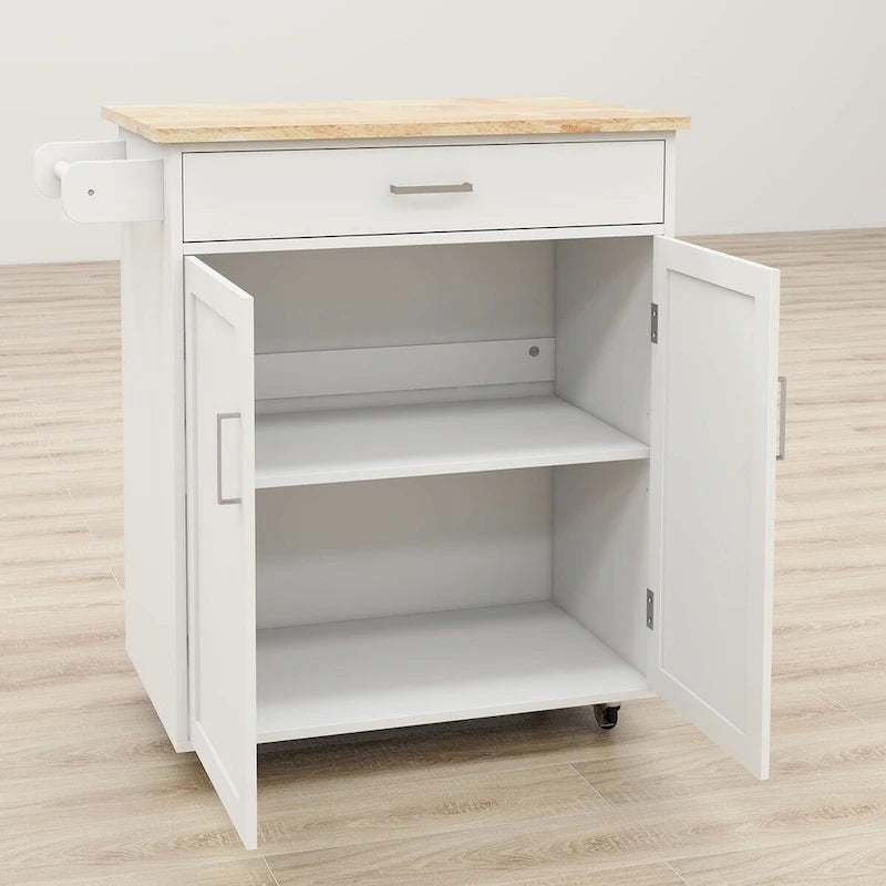 Desserte de cuisine blanche à roulettes avec plateau en bois d'hévéa, tiroir et meuble à double porte