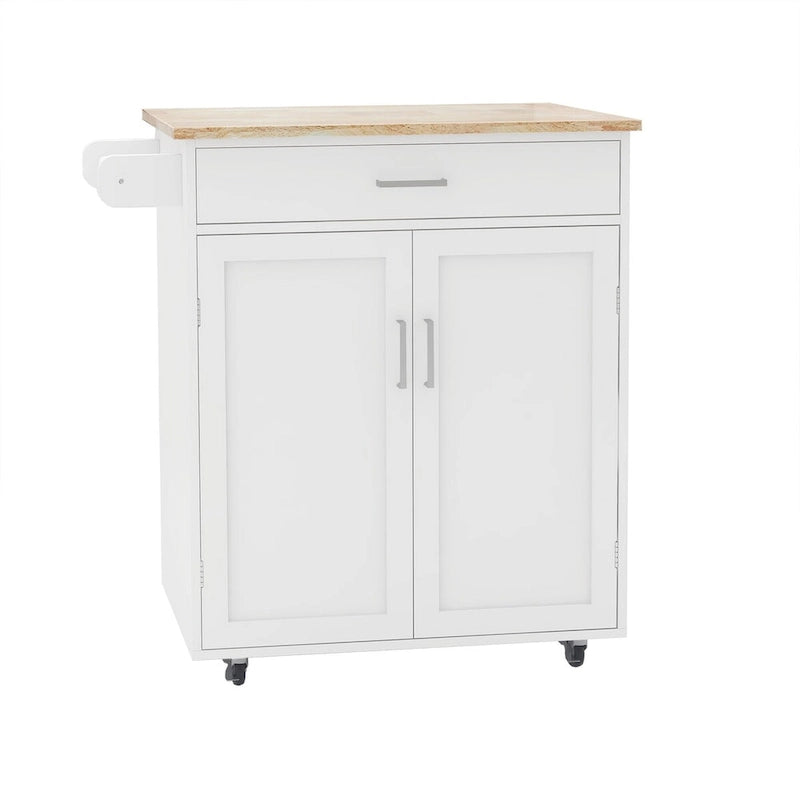 Desserte de cuisine blanche à roulettes avec plateau en bois d'hévéa, tiroir et meuble à double porte