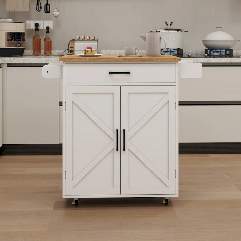 Desserte de cuisine blanche à roulettes avec plateau en bois d'hévéa, tiroir et placard à double porte