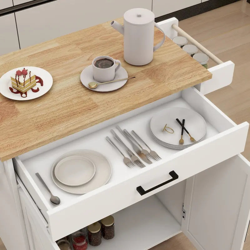 Desserte de cuisine blanche à roulettes avec plateau en bois d'hévéa, tiroir et placard à double porte