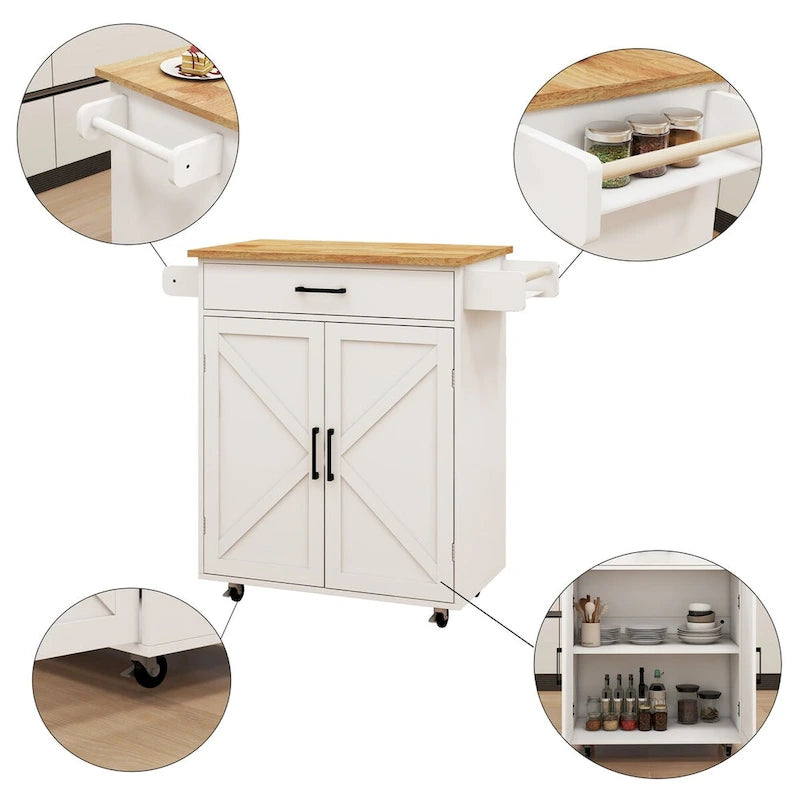 Desserte de cuisine blanche à roulettes avec plateau en bois d'hévéa, tiroir et placard à double porte