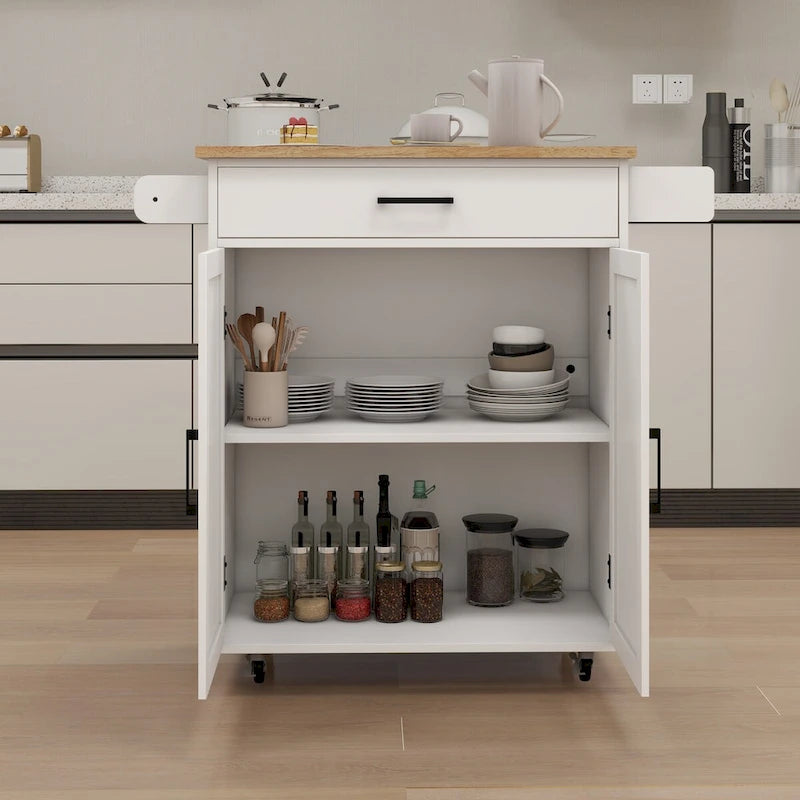 Desserte de cuisine blanche à roulettes avec plateau en bois d'hévéa, tiroir et placard à double porte