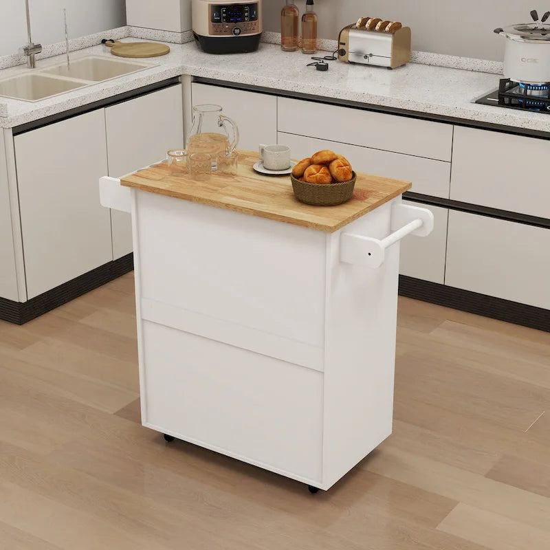 Desserte de cuisine blanche à roulettes avec plateau en bois d'hévéa, tiroir et placard à double porte