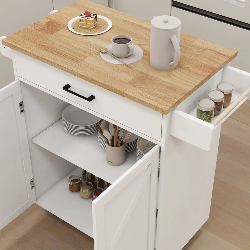 Desserte de cuisine blanche à roulettes avec plateau en bois d'hévéa, tiroir et placard à double porte