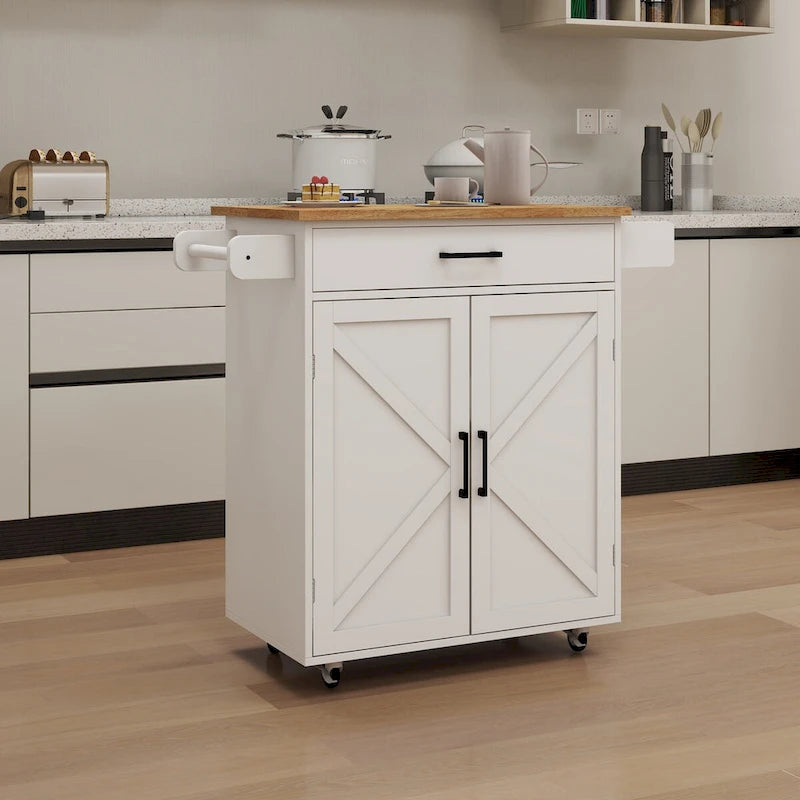 Desserte de cuisine blanche à roulettes avec plateau en bois d'hévéa, tiroir et placard à double porte