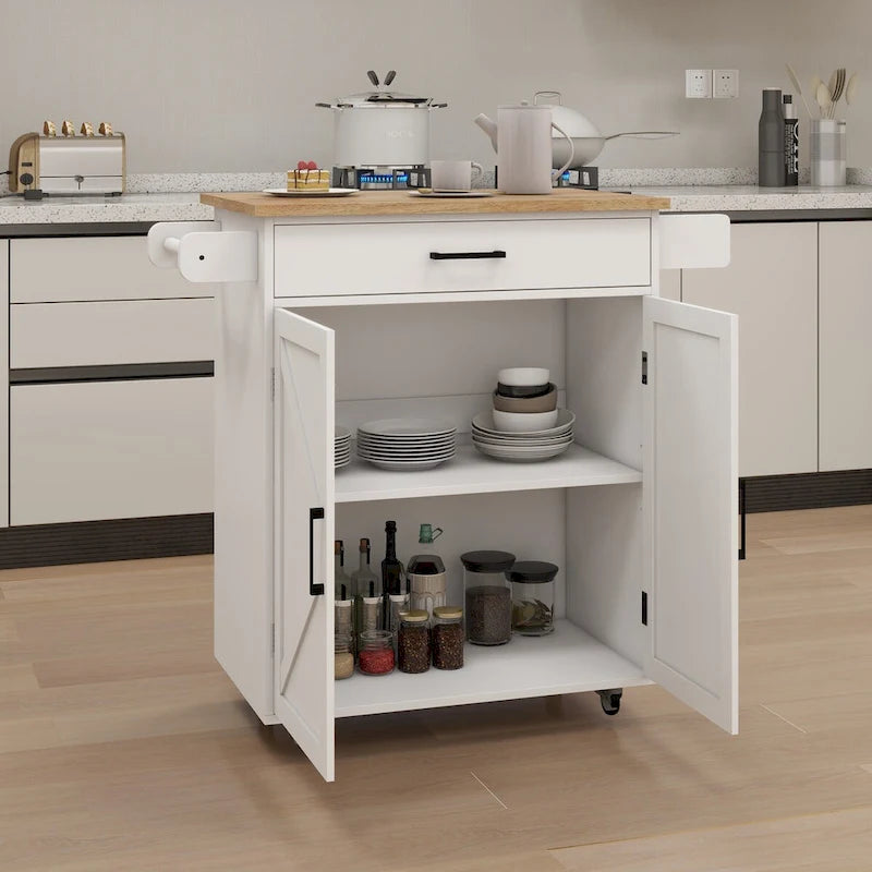 Desserte de cuisine blanche à roulettes avec plateau en bois d'hévéa, tiroir et placard à double porte