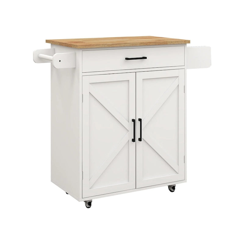 Desserte de cuisine blanche à roulettes avec plateau en bois d'hévéa, tiroir et placard à double porte