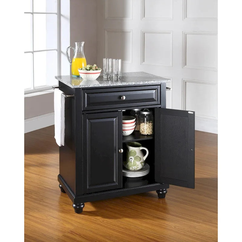 Îlot de cuisine portable en bois massif noir avec dessus en granit et rangement
