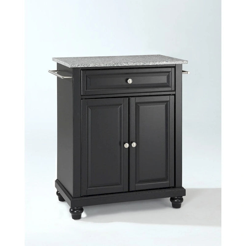 Îlot de cuisine portable en bois massif noir avec dessus en granit et rangement