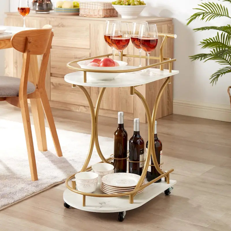 Chariot de bar roulant à 2 niveaux avec casier à vin, étagères aspect marbre, blanc et doré