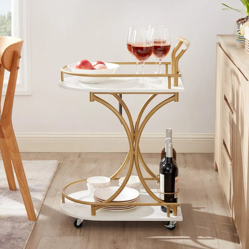 Chariot de bar roulant à 2 niveaux avec casier à vin, étagères aspect marbre, blanc et doré