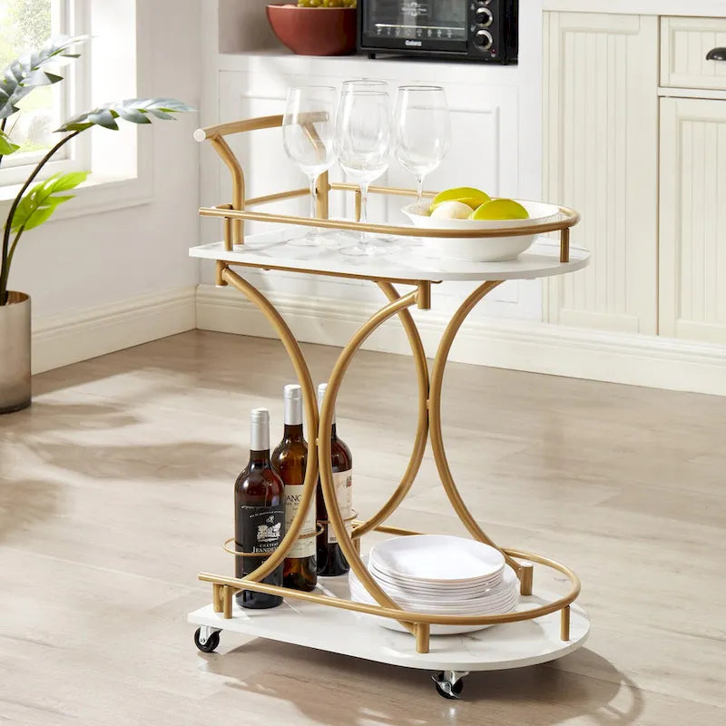 Chariot de bar roulant à 2 niveaux avec casier à vin, étagères aspect marbre, blanc et doré