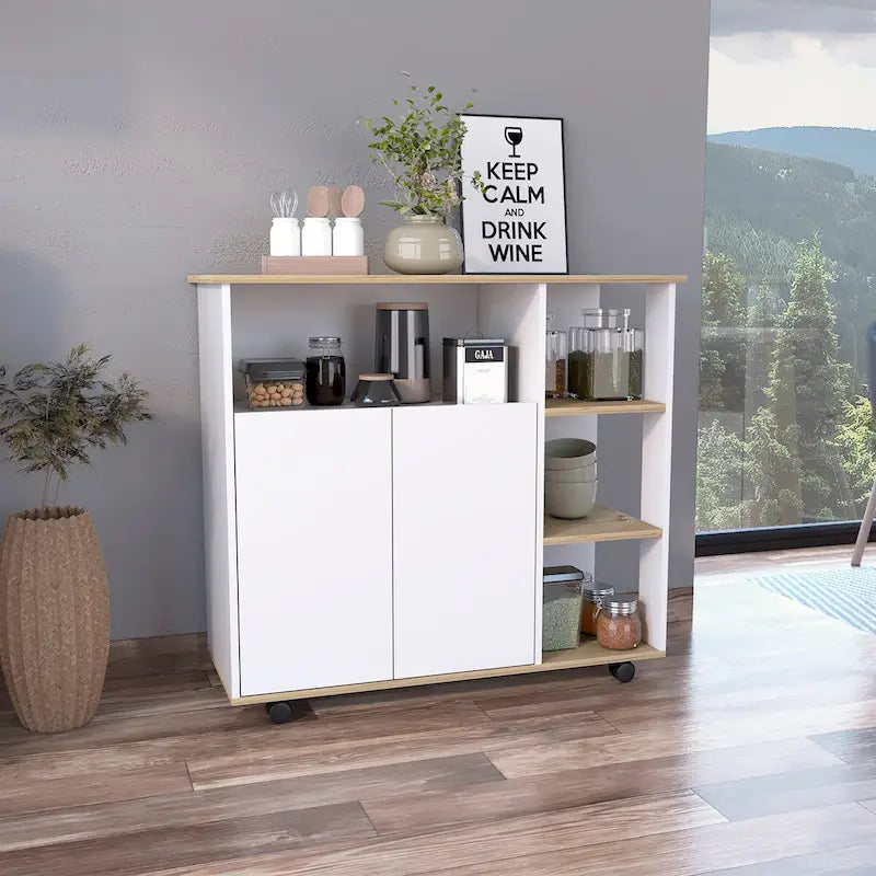 Desserte de cuisine à roulettes Étagères ouvertes Meuble à double porte Chêne clair Blanc