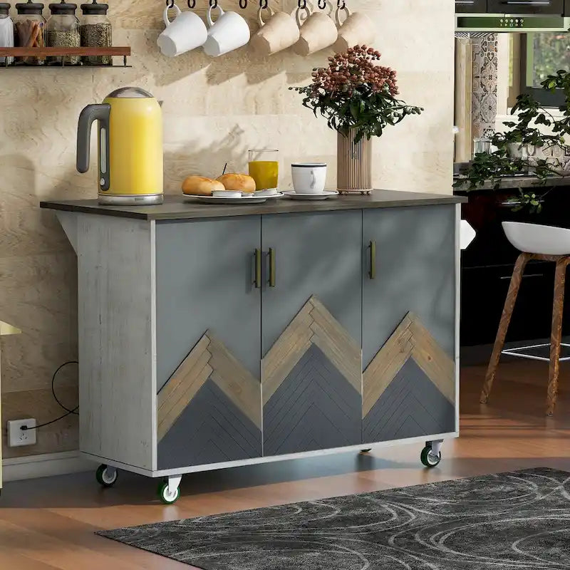 Îlot de cuisine gris de style campagnard avec abattant et meuble de rangement à trois portes sur roulettes